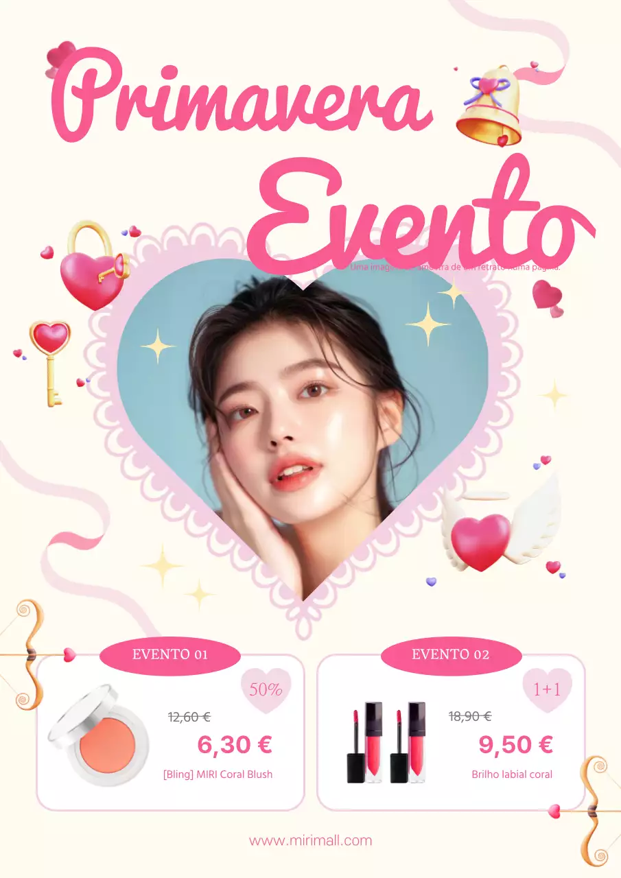 Folheto promocional para um evento de venda de cosméticos de primavera cor-de-rosa