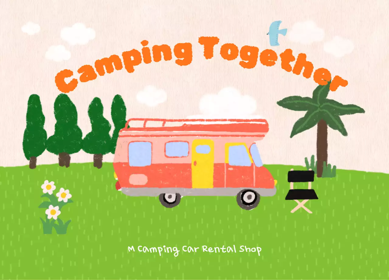 Loja de aluguer de autocaravanas com ilustrações coloridas de parques de campismo