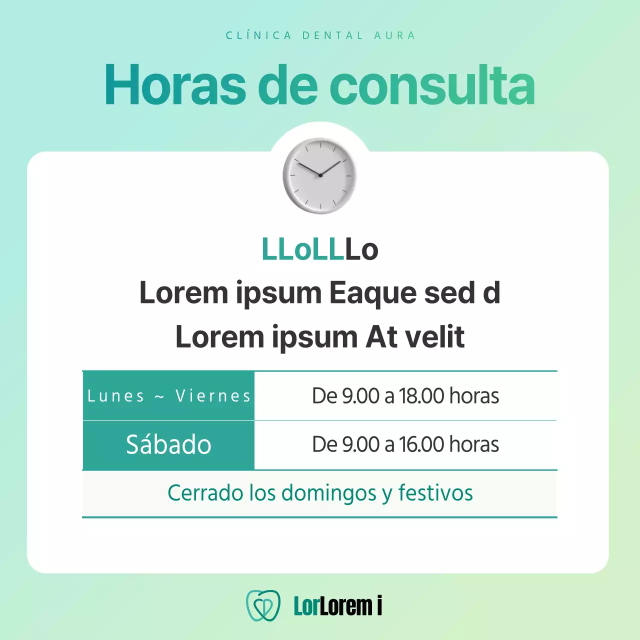 Sencillo anuncio de clínica dental privada en colores menta y chartreuse