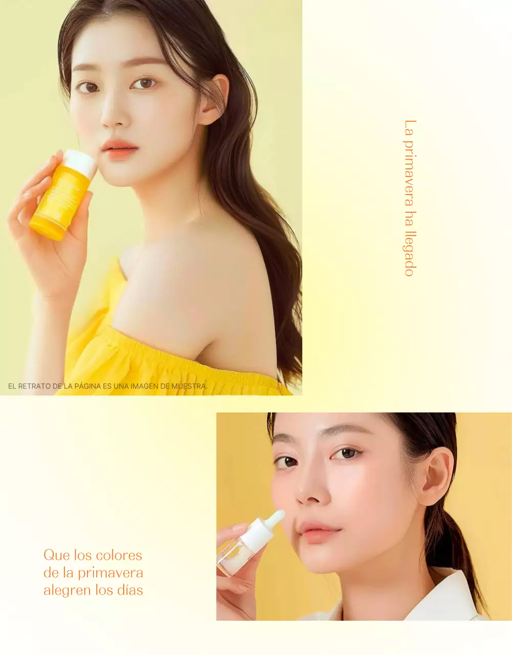 Promover un sencillo diseño fotográfico de cosméticos para el cuidado de la piel en amarillo y naranja