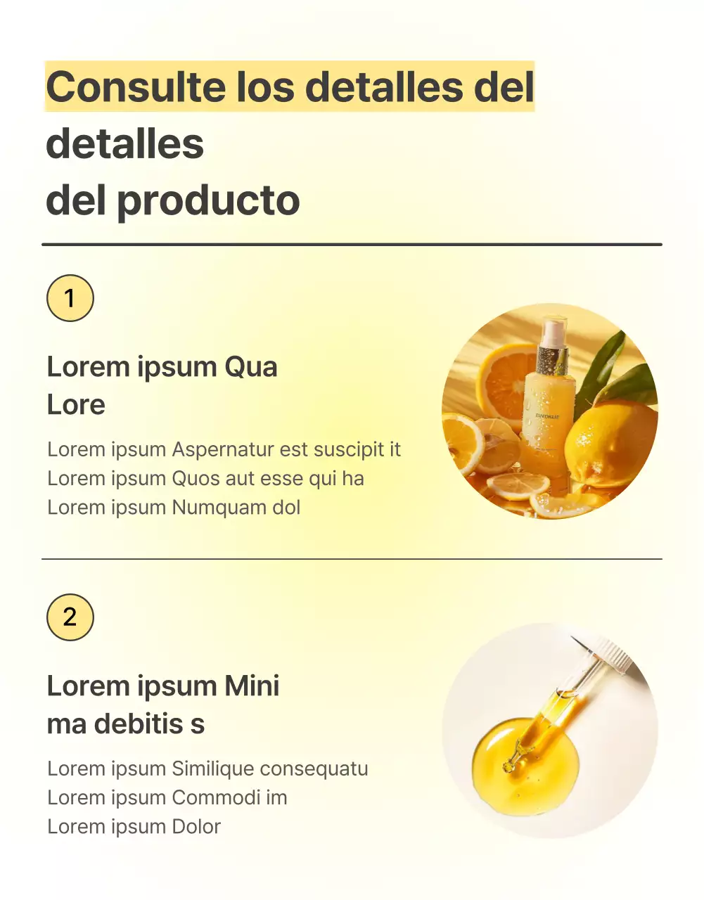 Promoción sencilla, optimizada para móviles y detallada de cosméticos para el cuidado de la piel en amarillo y naranja.