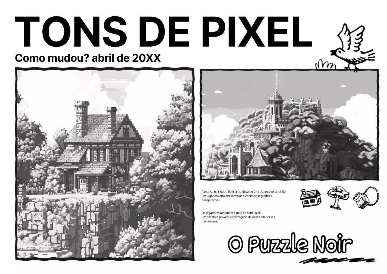 Cartaz promocional de jogos modernos a preto e branco