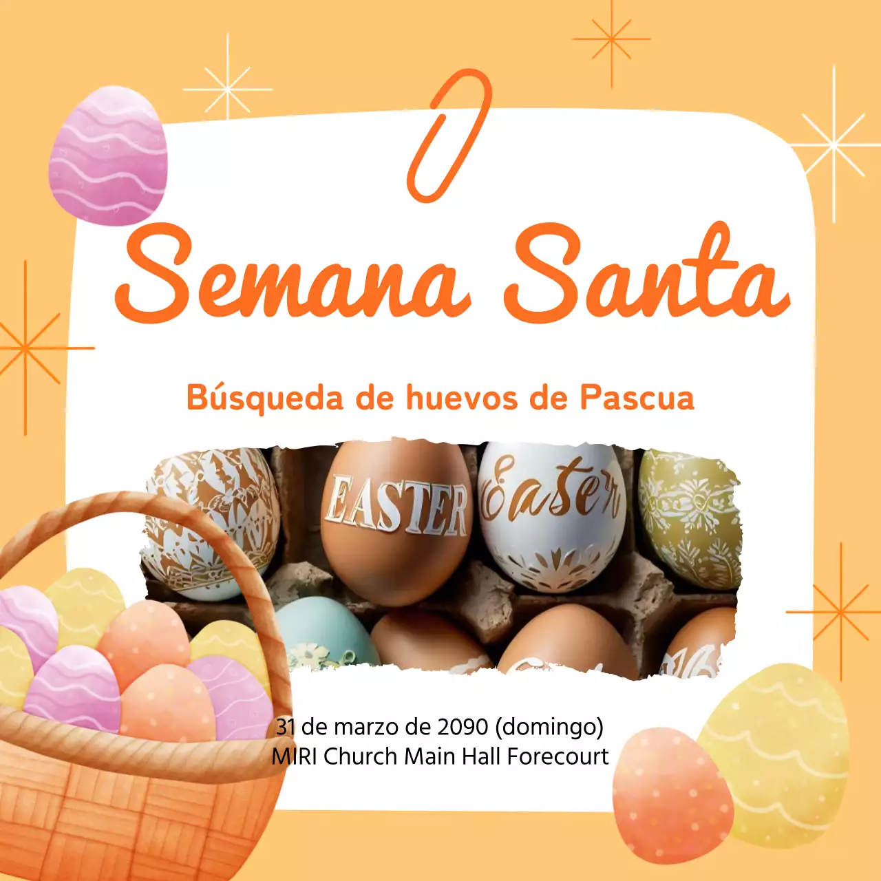 Un anuncio de Pascua pop-art en naranja y amarillo