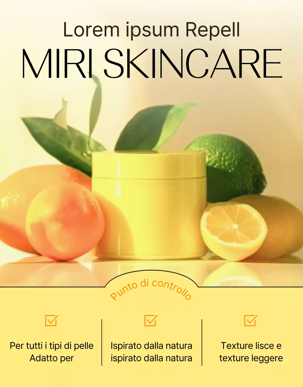 Promozione semplice, ottimizzata per i dispositivi mobili e dettagliata dei cosmetici per la cura della pelle in giallo e arancione