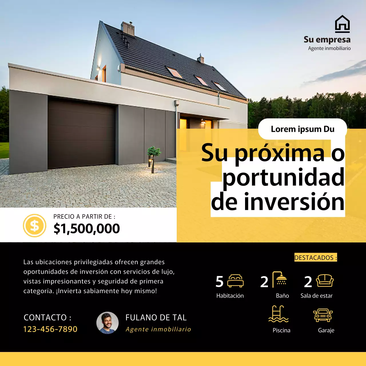 Negro y amarillo moderno simple inversión en bienes raíces Instagram Post