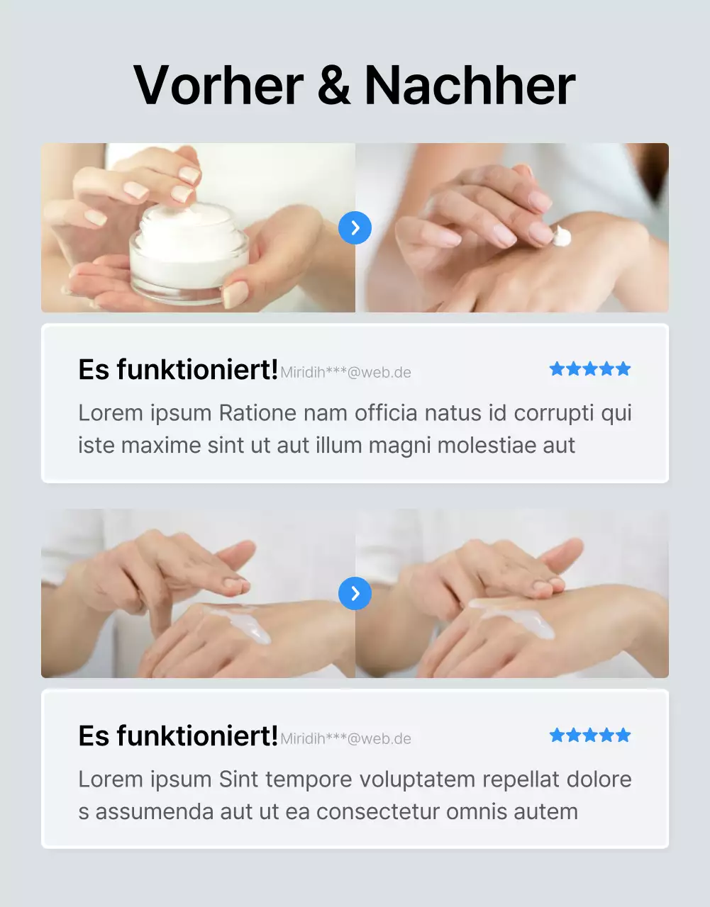 Förderung einer Übersicht über eine trendige Modedetailseite in Blau und Grau