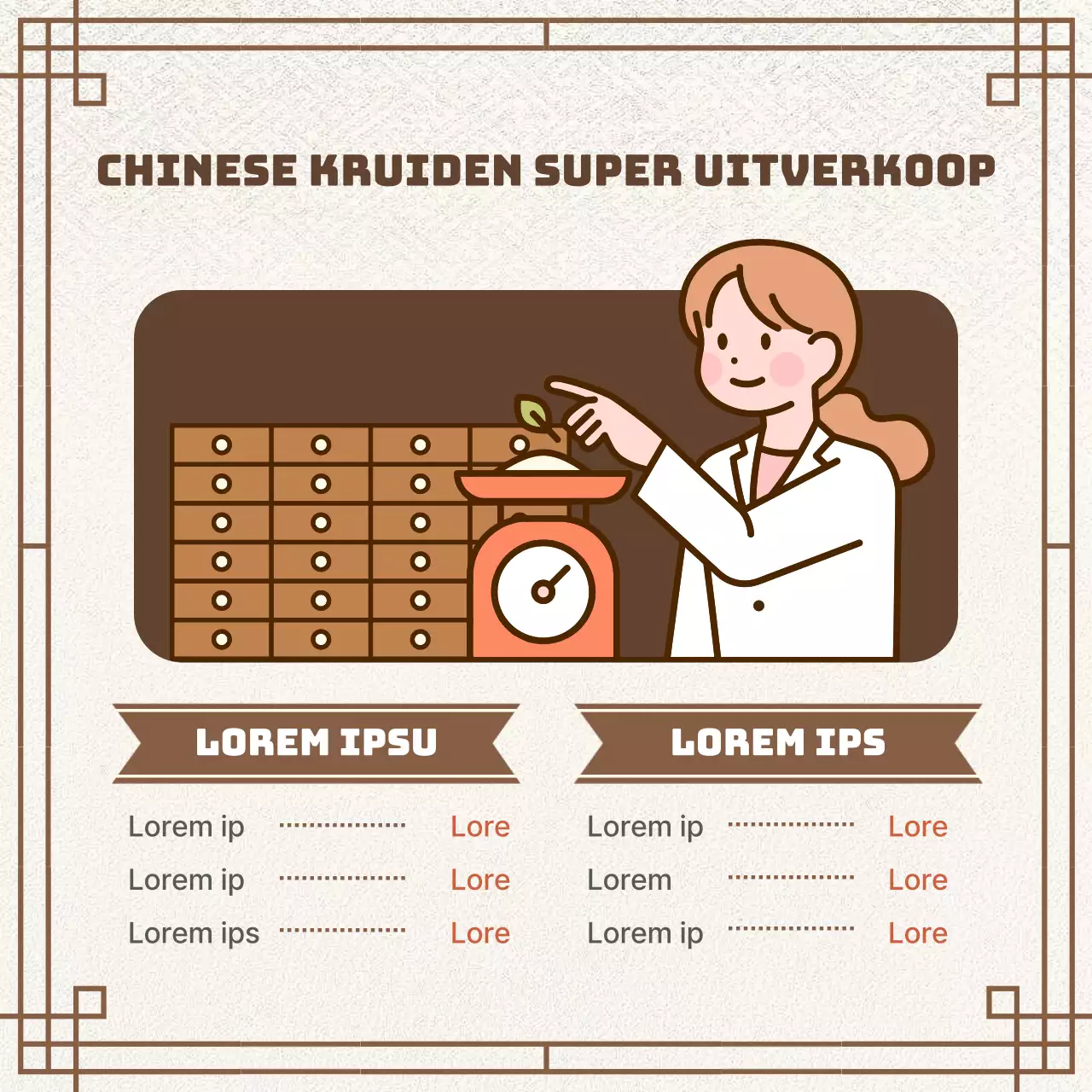 Bruine, oosterse advertentie met recepten voor kruidengeneeskunde voor een Chinese kliniek.