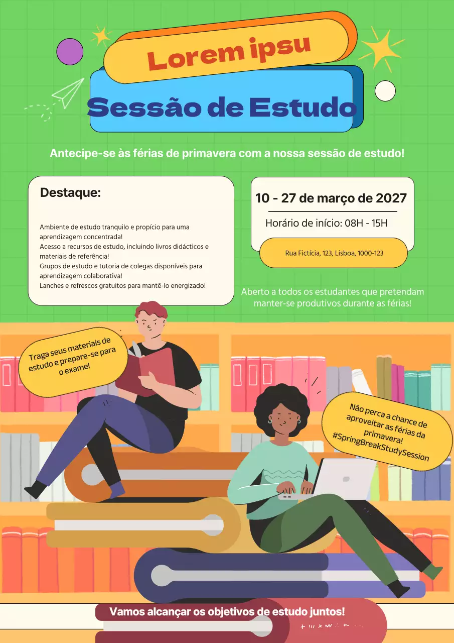 Amarelo e Verde Moderno Atividade de estudo nas férias de primavera Publicidade