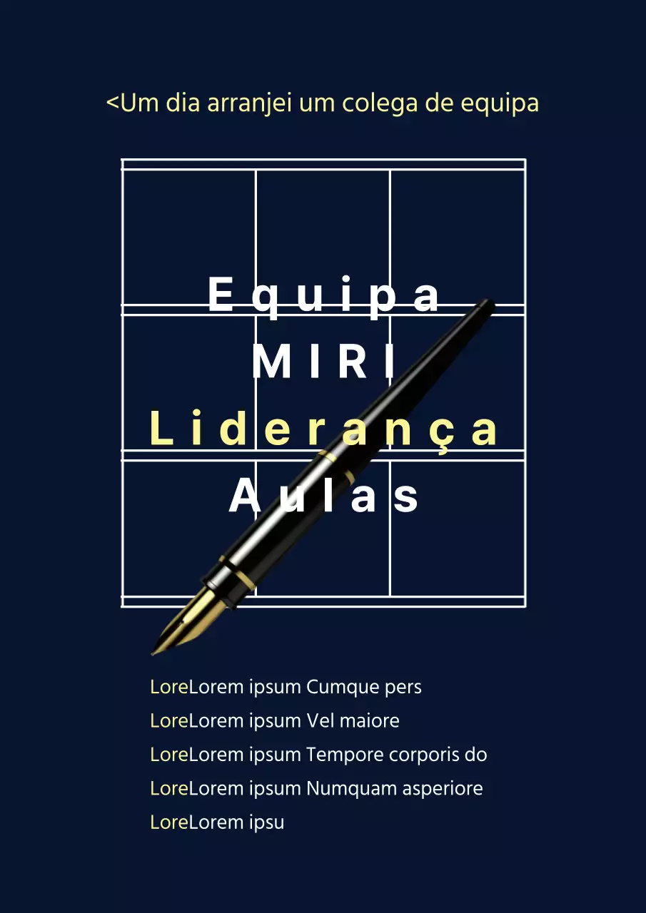 Um folheto simples, azul-marinho e amarelo, para um intercâmbio empresarial interdisciplinar.