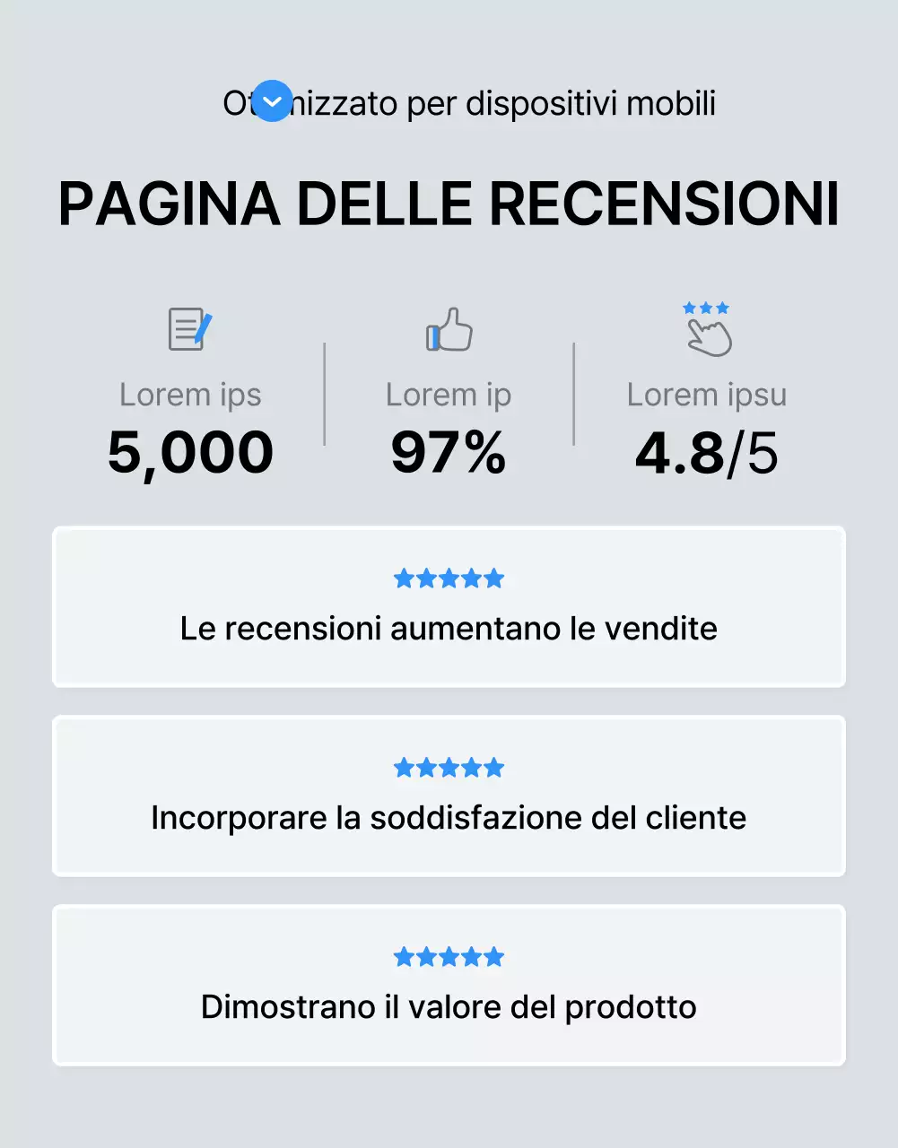 Promuovere la recensione di una pagina di dettagli di moda di tendenza in blu e grigio