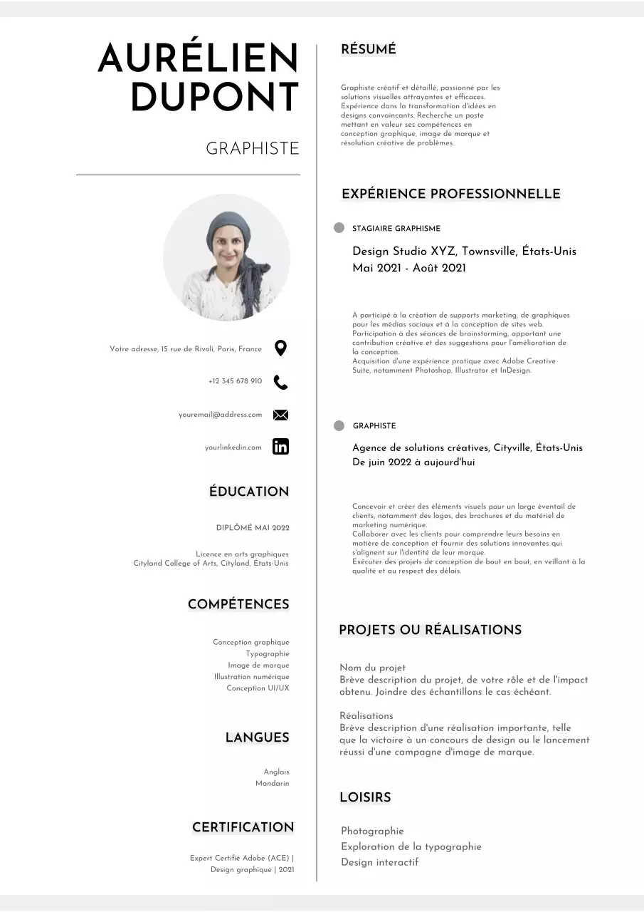 Curriculum vitae de graphiste gris et minimaliste