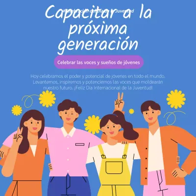 Publicidad de la celebración del Día de la Juventud Moderna en azul y morado