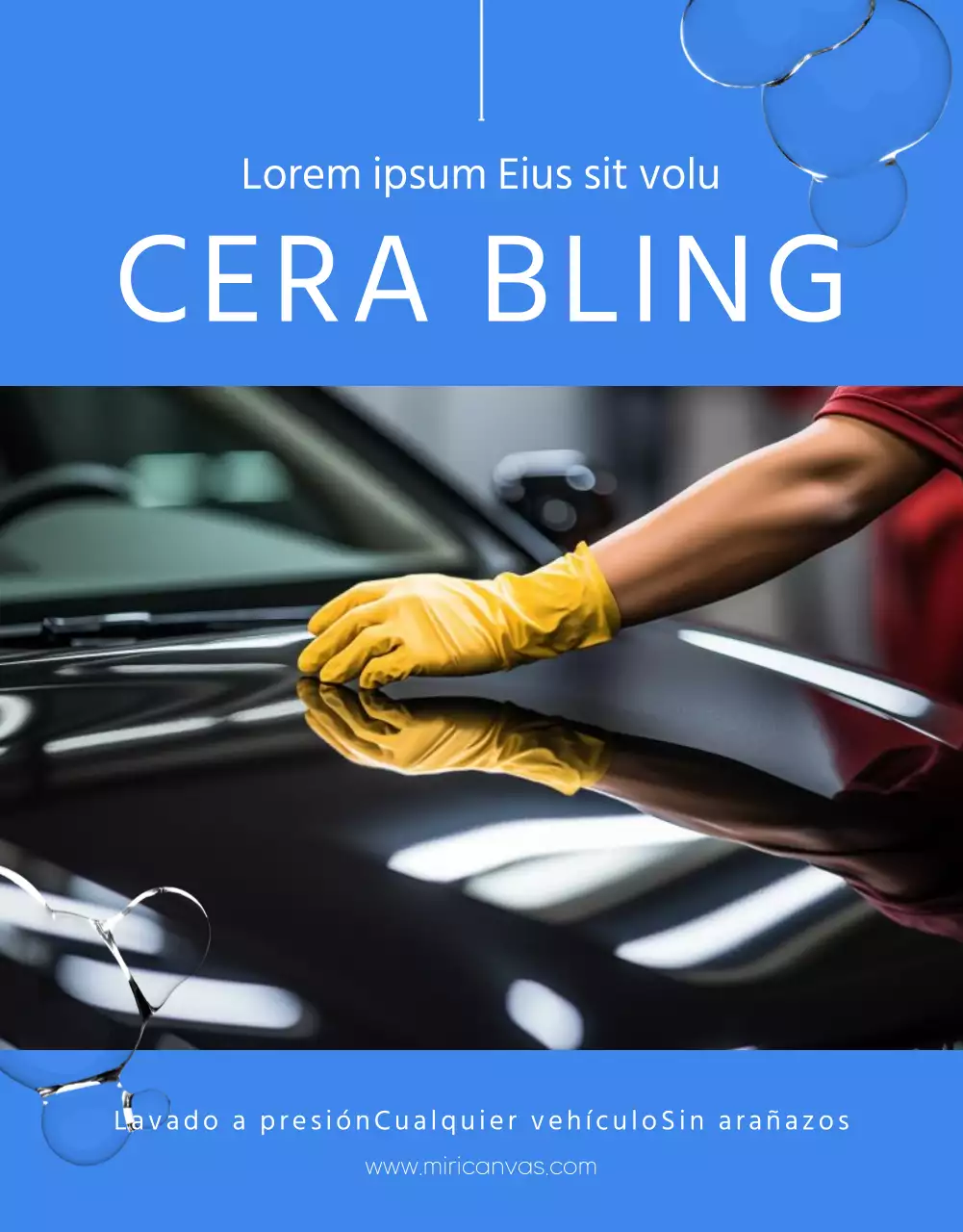 Anuncio minimalista de lavado de coches con fondo azul