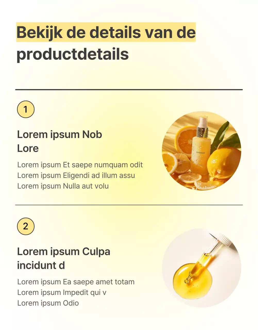 Eenvoudige, mobiel geoptimaliseerde, gedetailleerde promotie voor huidverzorgingscosmetica in geel en oranje