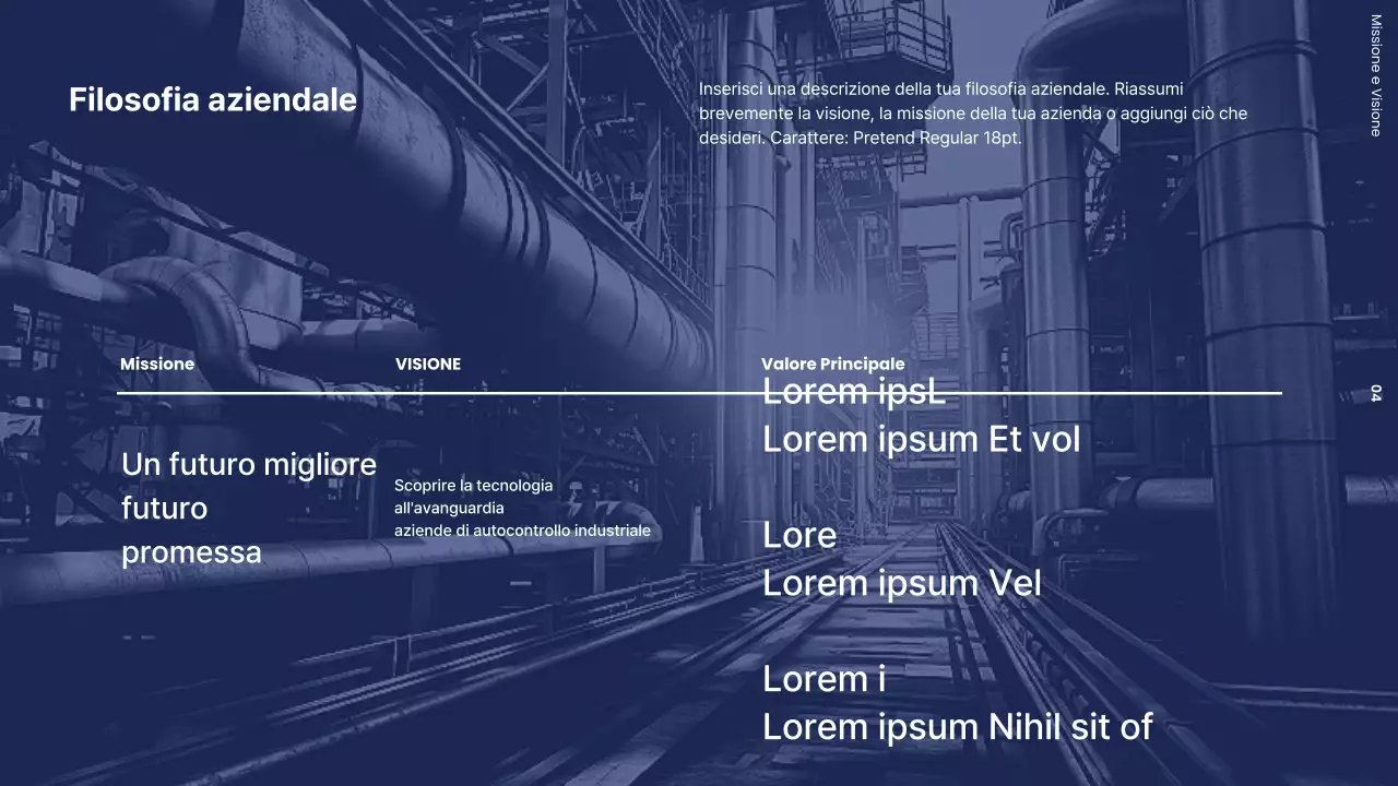 Lettera di presentazione aziendale con una fabbrica moderna in bianco e nero e blu navy