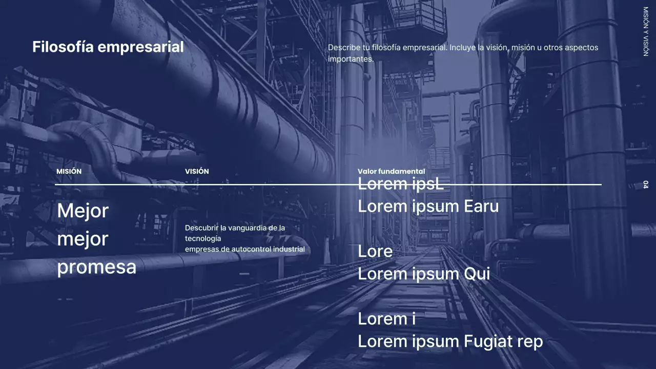 Carta de presentación de empresa con una fábrica moderna en blanco y negro y azul marino