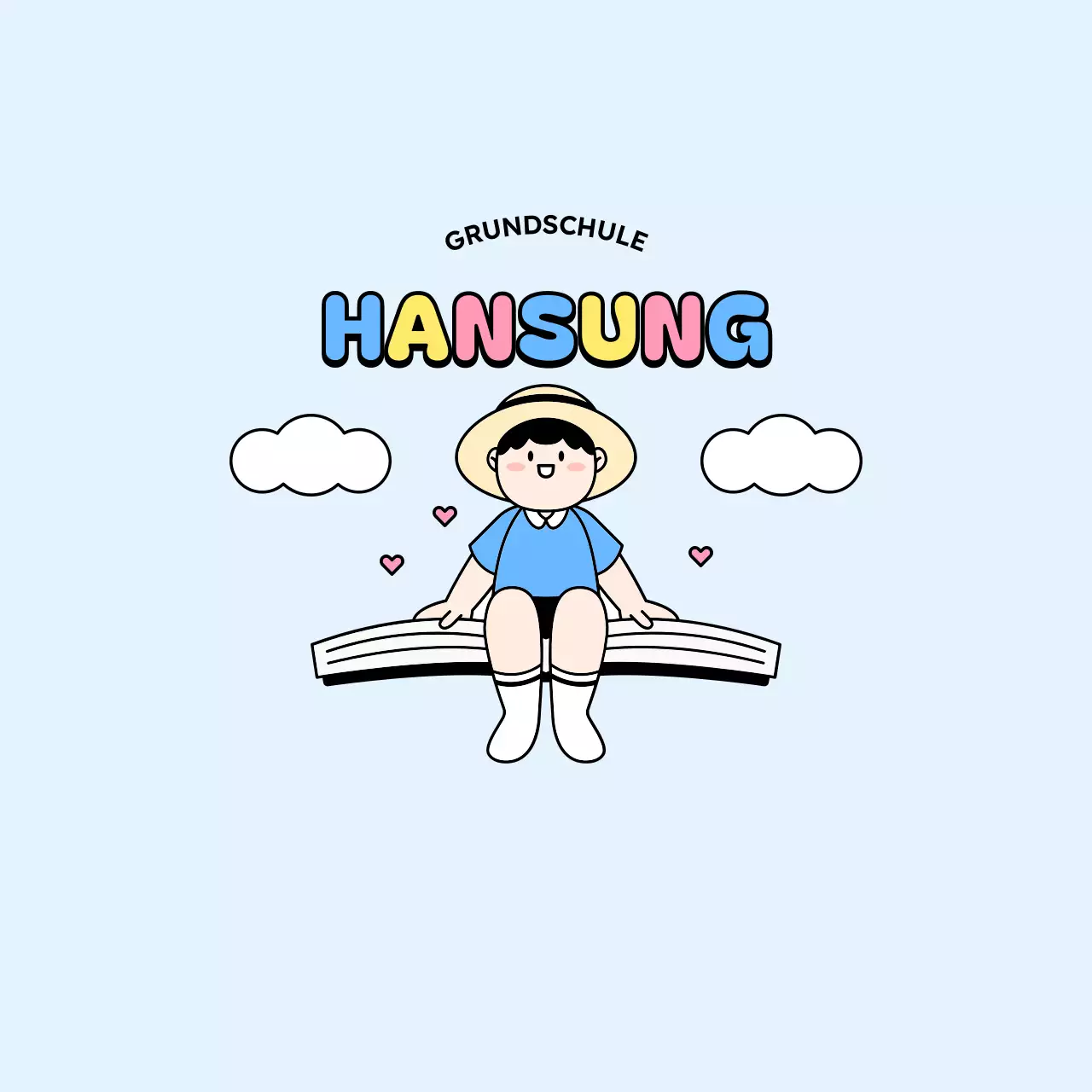 Werbedesign für eine Schule mit einem Kind, das auf einem Buch sitzt