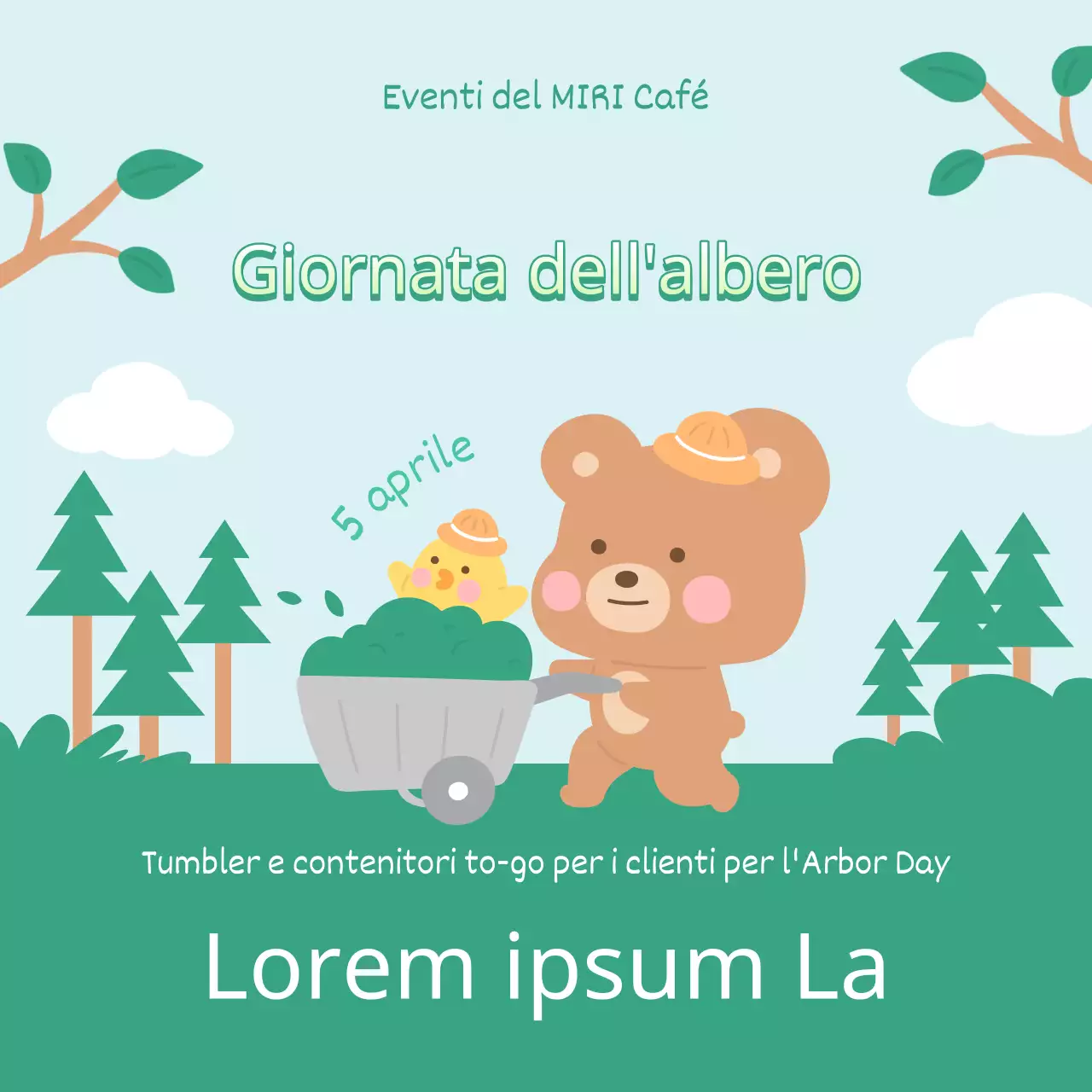 Promuovete la vostra vendita per l'Arbor Day con un grazioso disegno in chartreuse e azzurro.