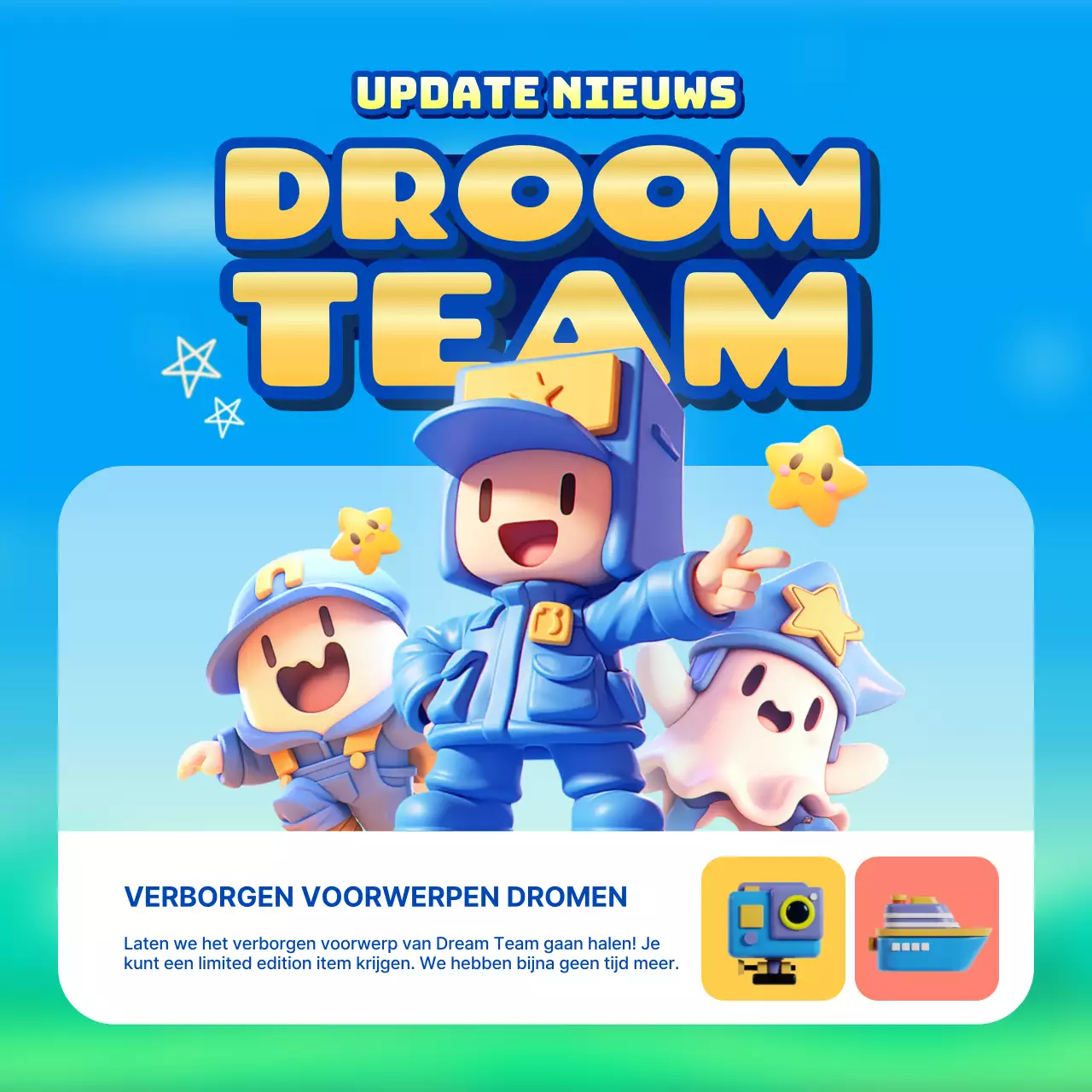 Aankondiging van een update voor het schattige geel met lichtblauwe spel