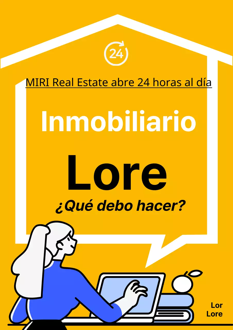 Folleto sencillo en amarillo y blanco sobre asesoramiento inmobiliario las 24 horas del día