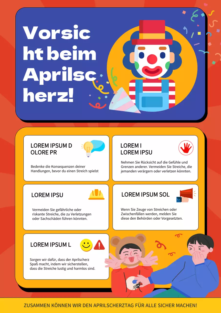 Blaue und rote moderne Aprilscherz-Ideen Bekanntmachung