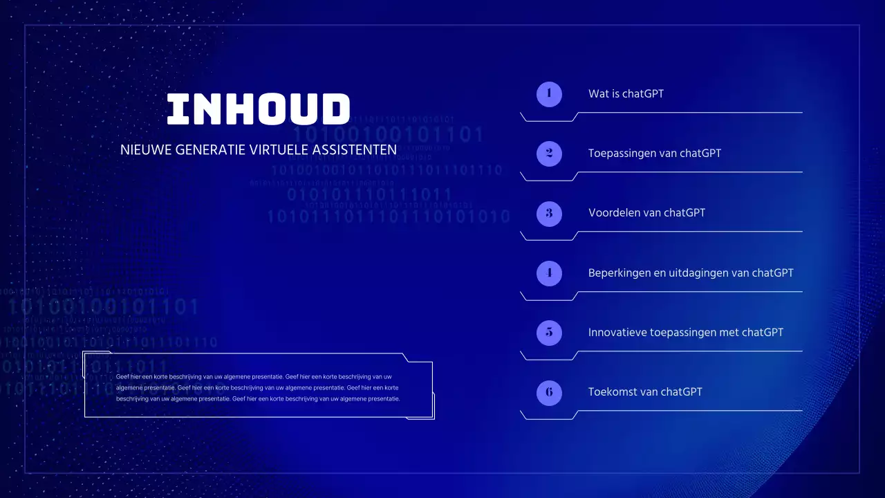 Een cybernetische AI-presentatie in blauwe en fluorescerende kleuren