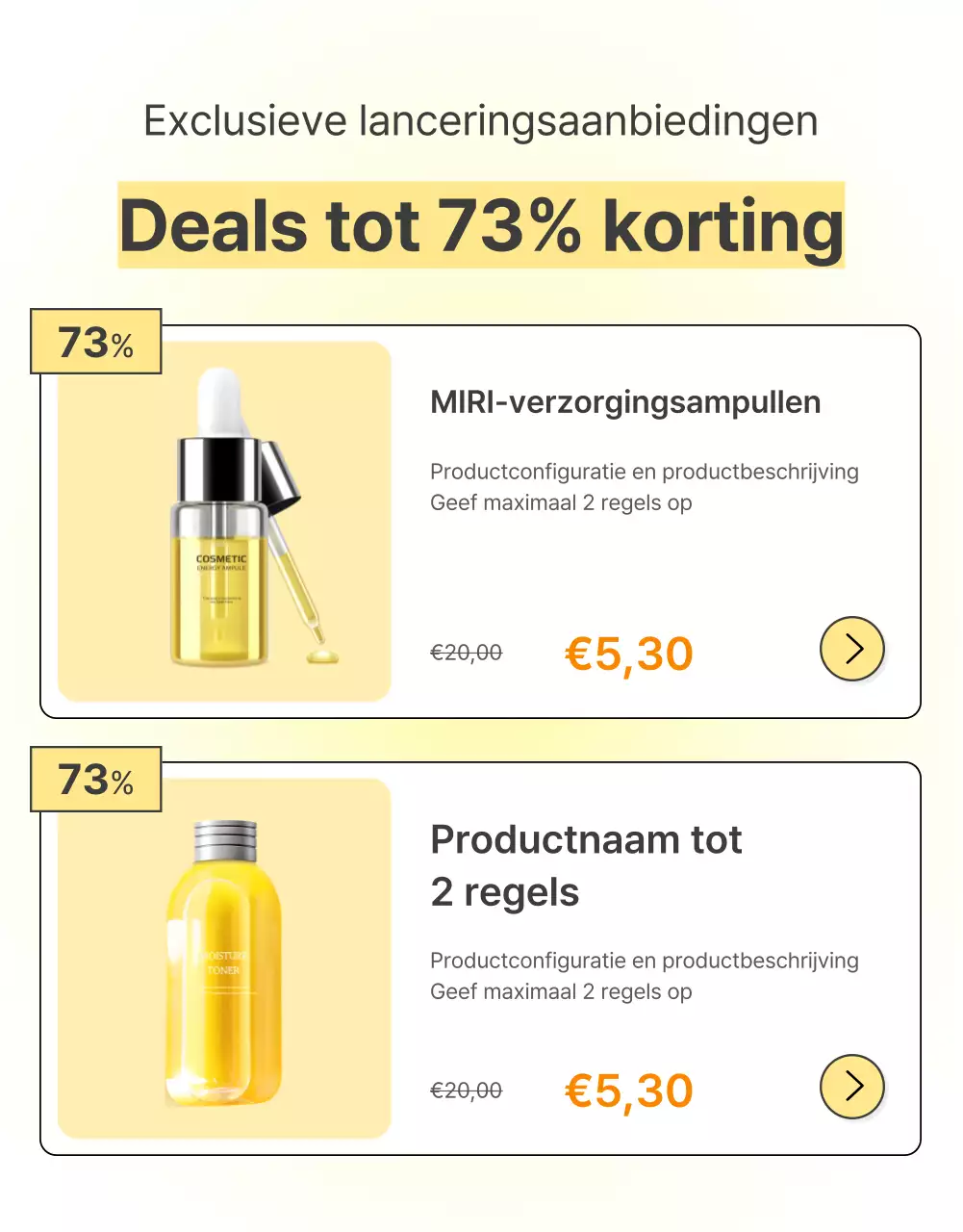 Beschrijf en detailleer eenvoudige huidverzorgingsproducten in geel en oranje