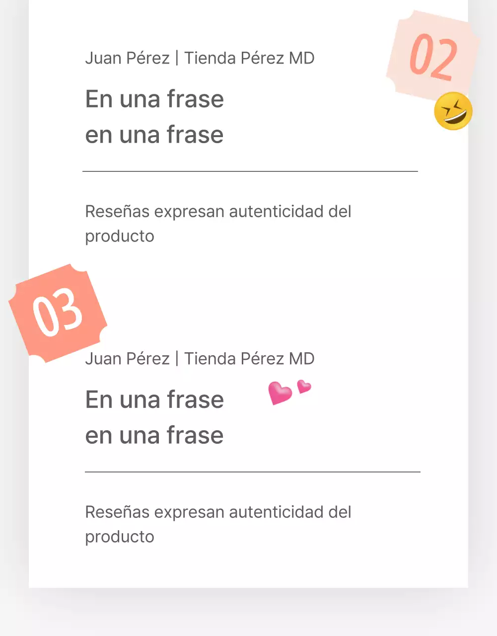 Una reseña o anuncio de una tienda de moda con un sencillo estilo de emoji blanco y gris.