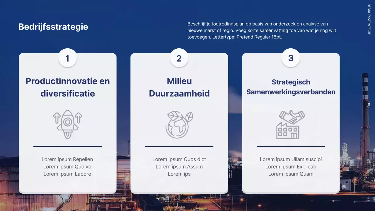 Bedrijfs sollicitatiebrief met een moderne fabriek in zwart-wit en marineblauw