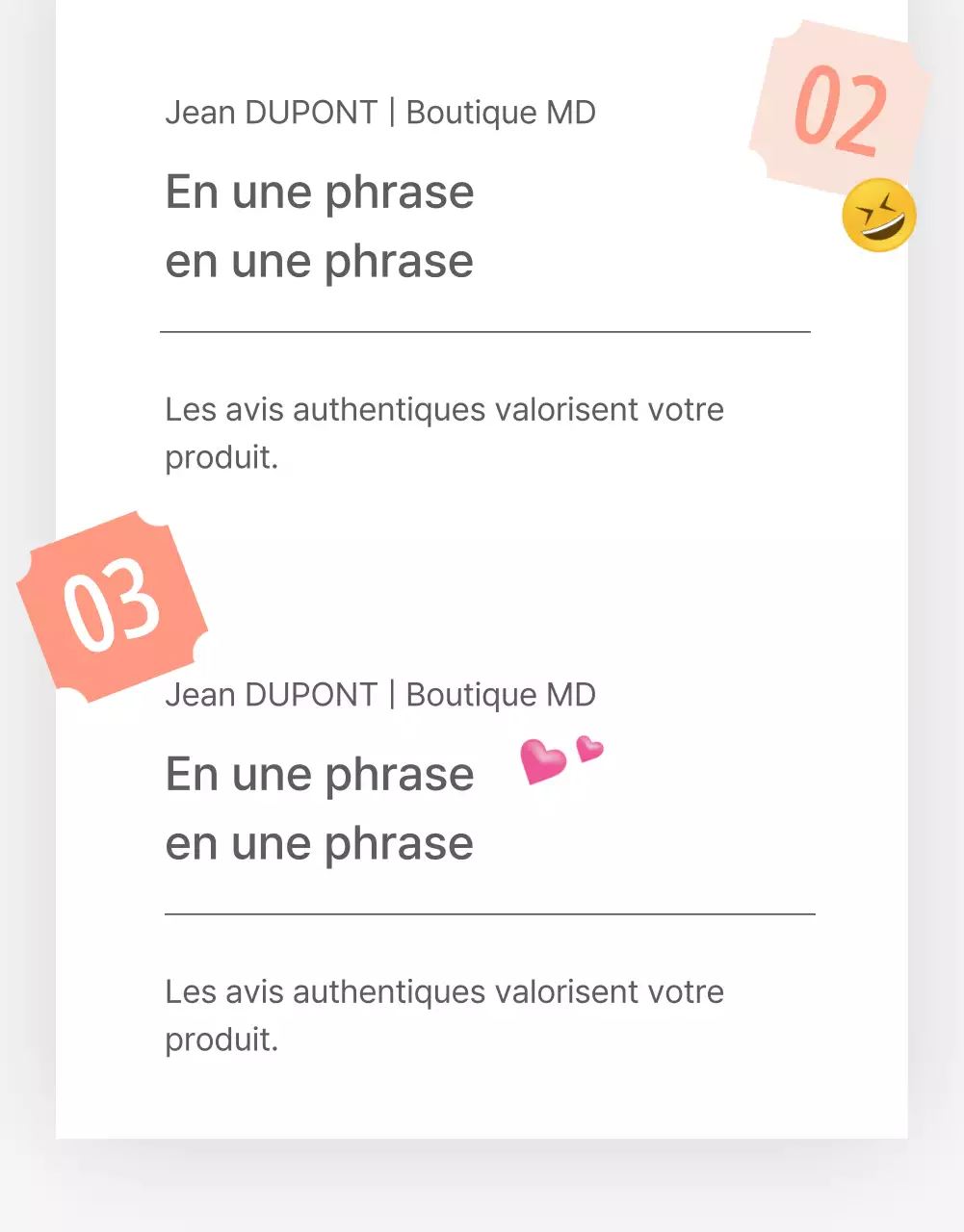 Une critique ou une publicité pour un magasin de mode avec un style emoji simple, blanc et gris.