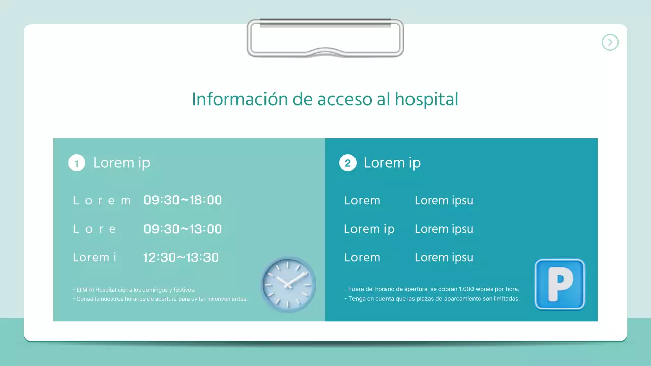 Un sencillo folleto hospitalario en 3D, estilo carpeta, en color menta