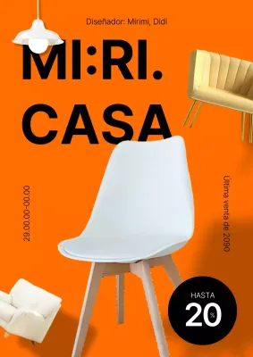 Sencillo cartel promocional de tienda de muebles de interior en naranja y negro