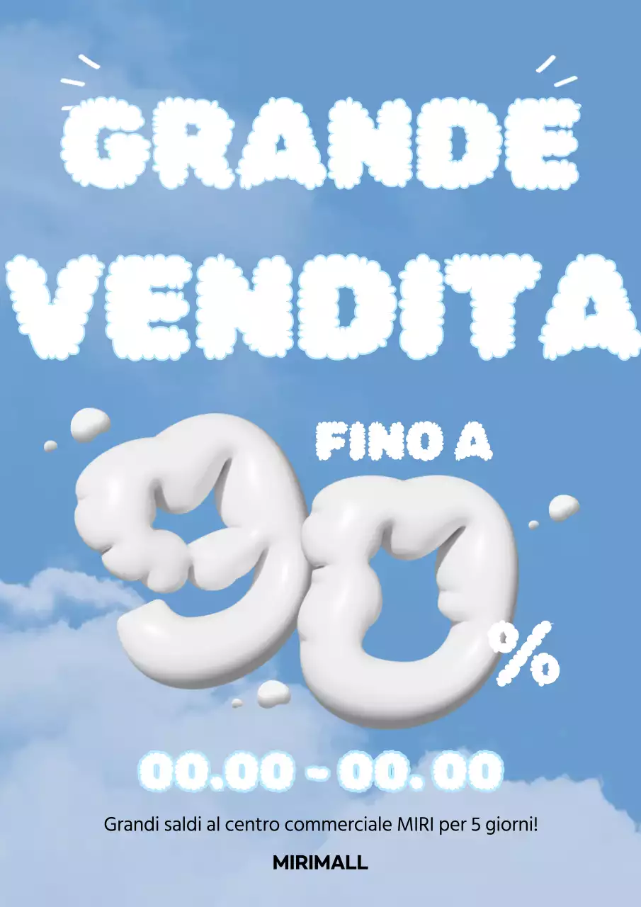 Simpatico poster promozionale di un evento di vendita in azzurro e bianco