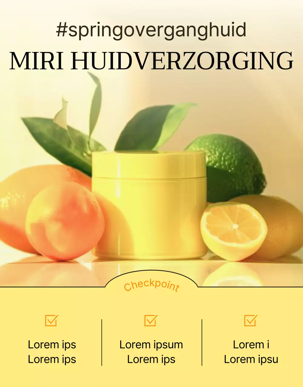 Eenvoudige, mobiel geoptimaliseerde, gedetailleerde promotie voor huidverzorgingscosmetica in geel en oranje