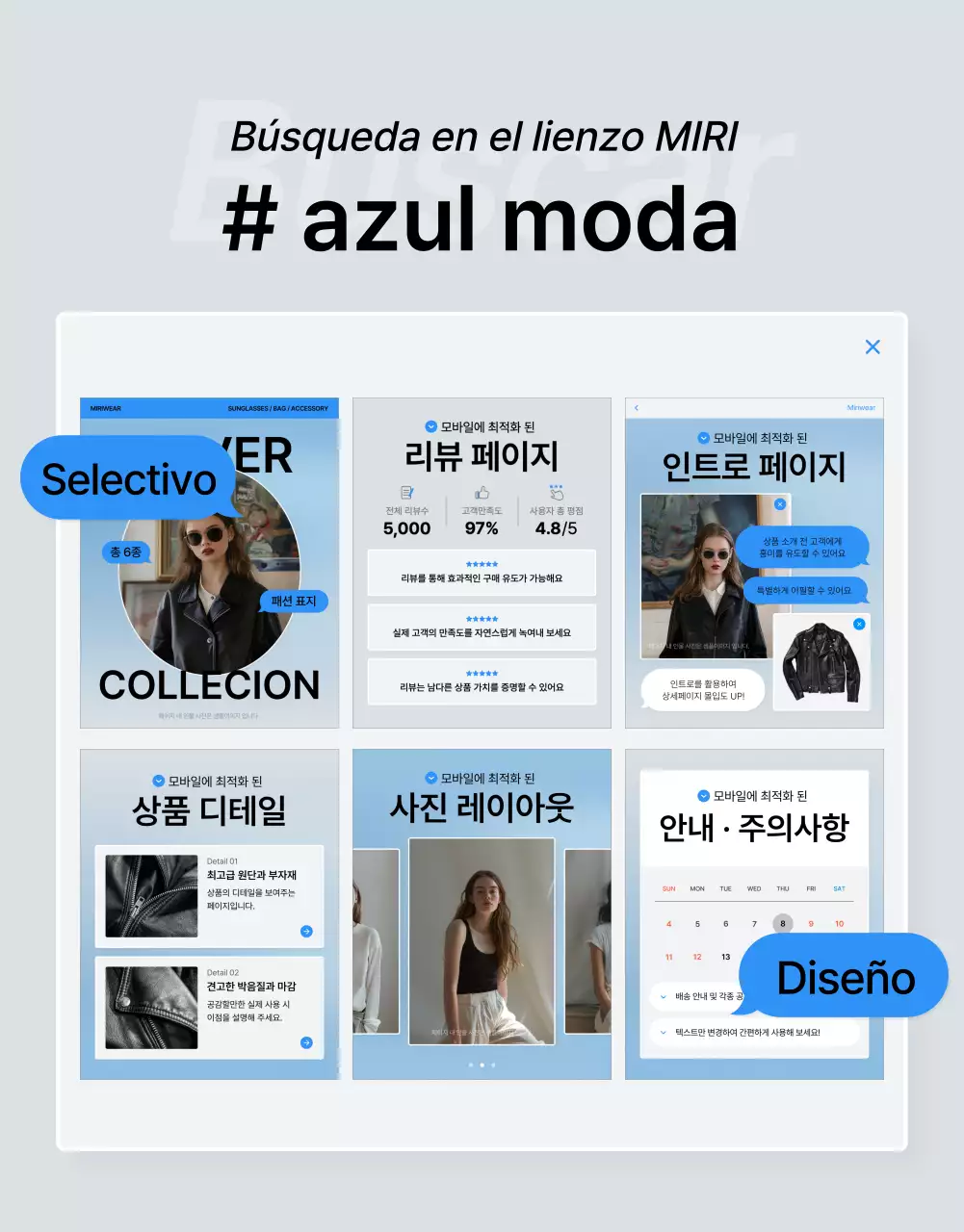 Promover una página móvil de detalles de moda en azul y blanco
