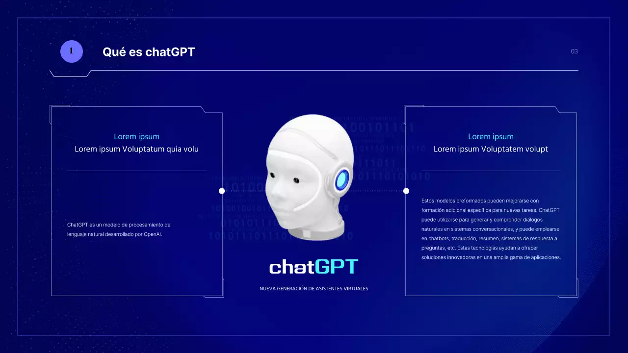 Presentación de una IA cibernética en colores azul y fluorescente