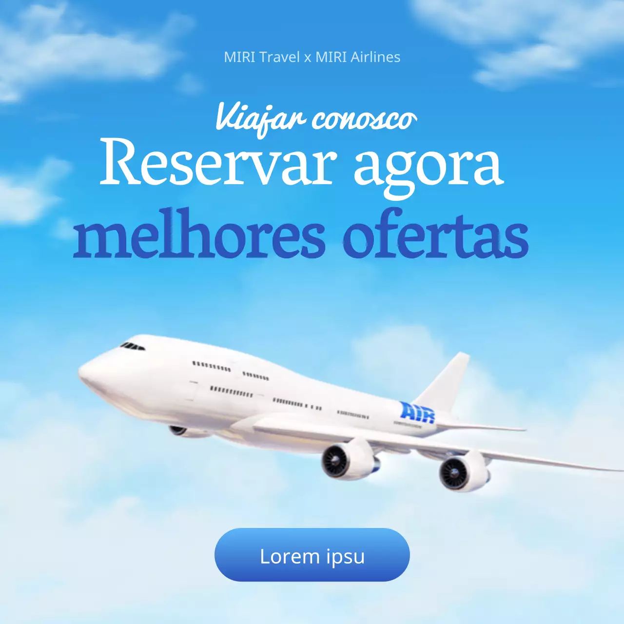 Um anúncio de viagem simples, azul claro e branco