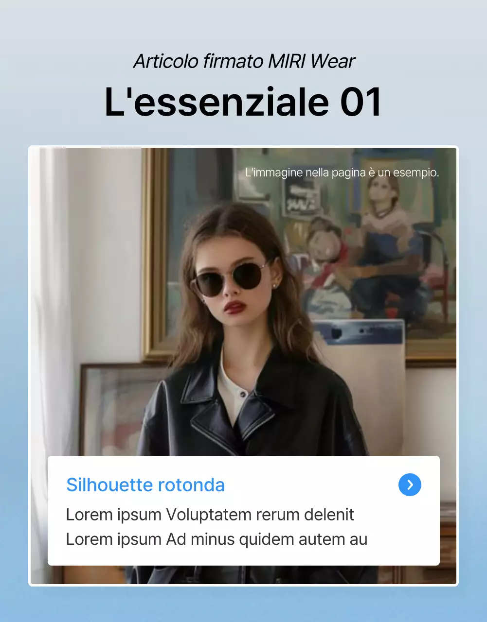 Descrivete e promuovete i dettagli di una pagina di dettaglio di moda blu e bianca di tendenza