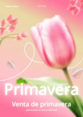 Un colorido cartel rosa y blanco promociona las rebajas de primavera del centro comercial.