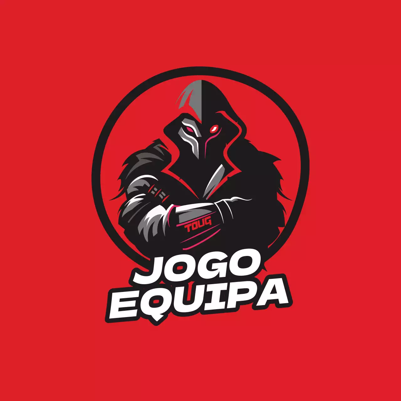 Anúncio do logótipo da equipa de jogos a vermelho e preto em negrito