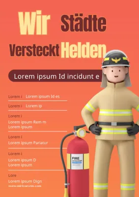 Niedlicher Feuerwehrmann-Rekrutierungs-Flyer in Rot und Orange