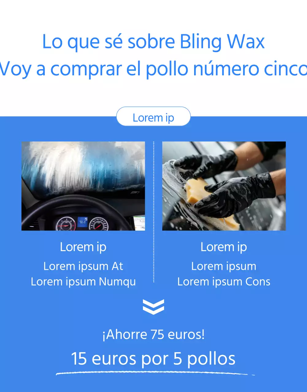 Anuncio minimalista de lavado de coches con fondo azul