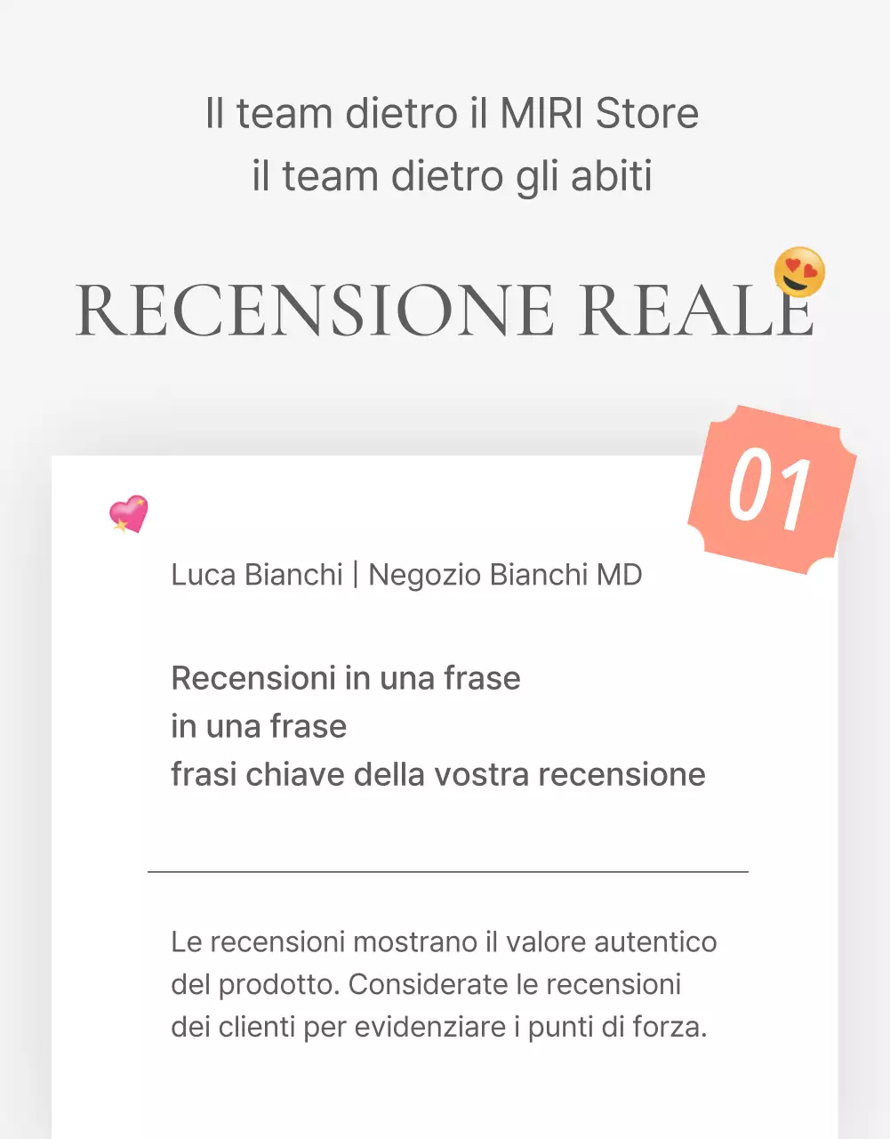 Una recensione o una pubblicità per un negozio di moda con un semplice stile emoji bianco e grigio.