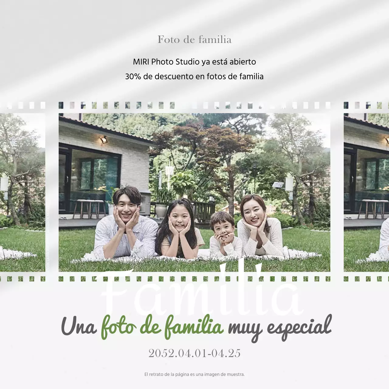 Anuncio de venta de retratos familiares modernos en gris y verde