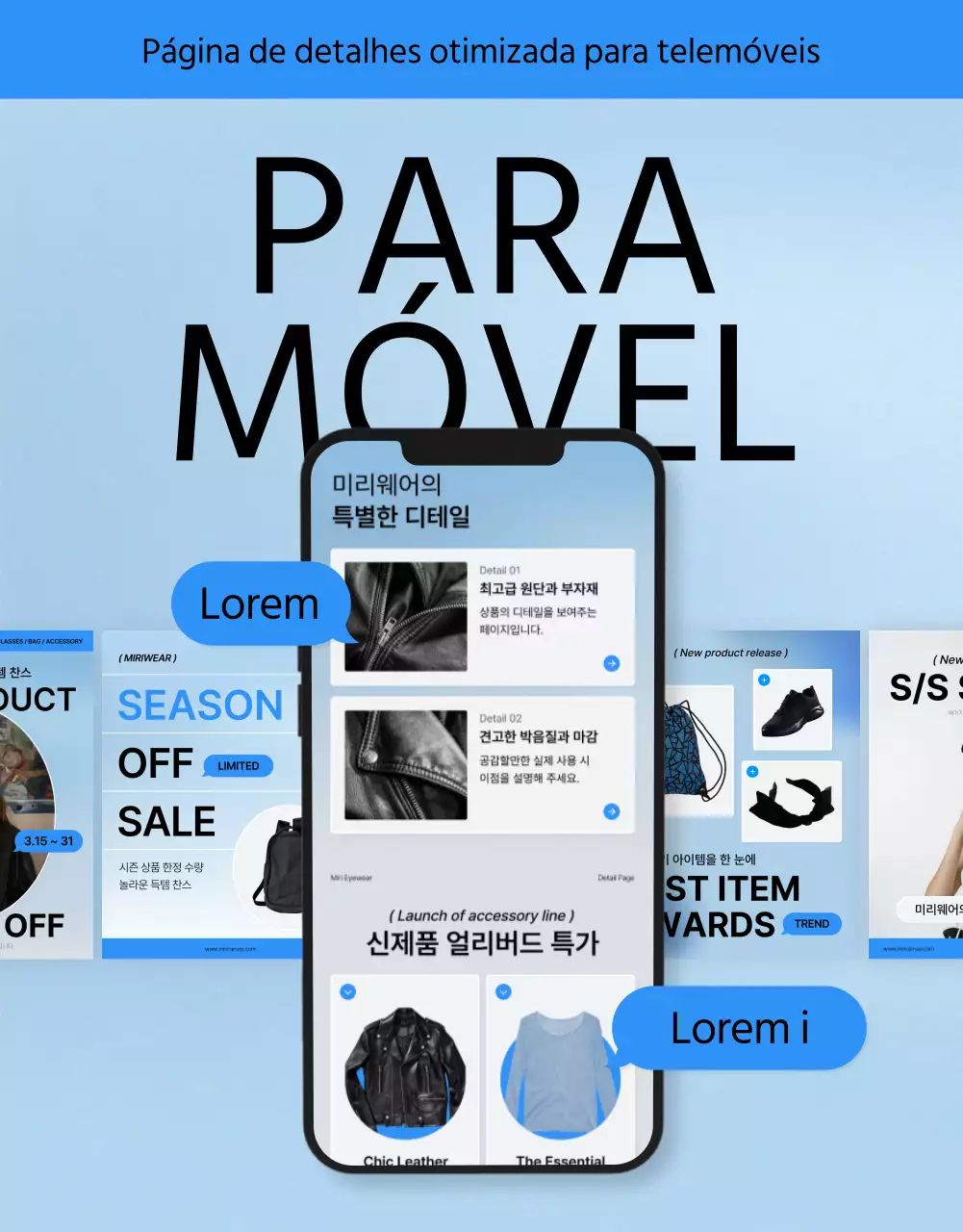 Promover uma página de pormenor móvel de moda em azul e branco