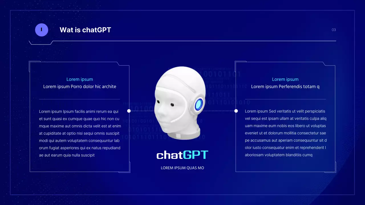 Een cybernetische AI-presentatie in blauwe en fluorescerende kleuren
