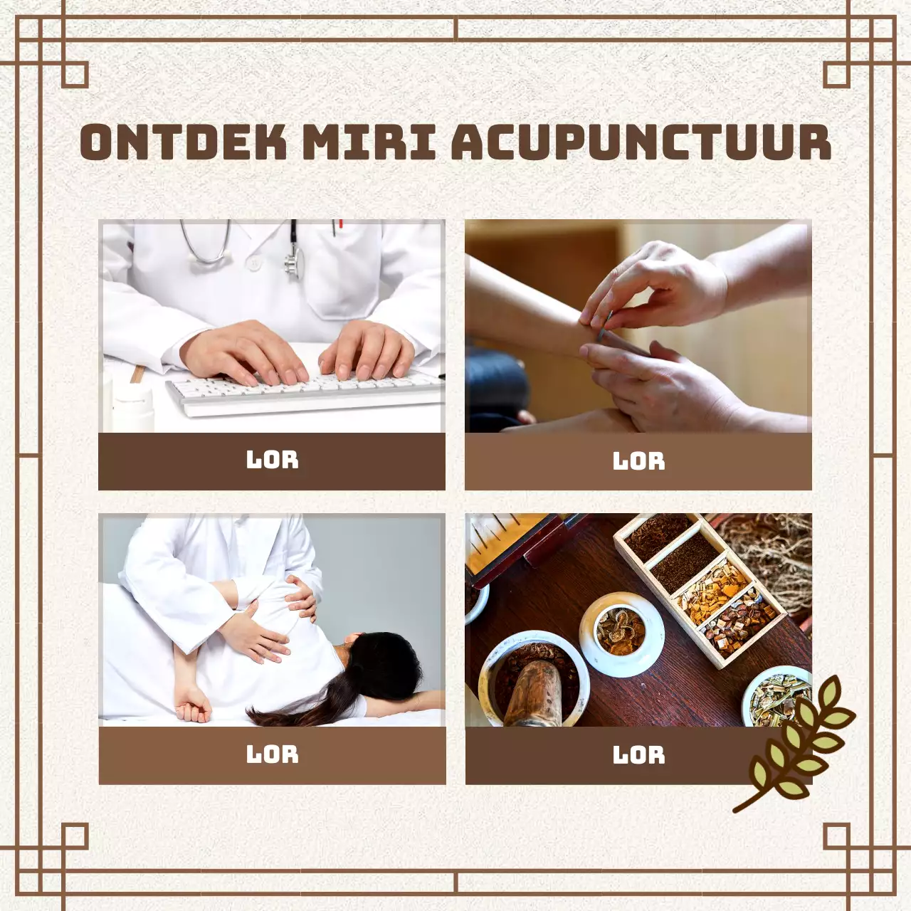 Bruine, oosterse advertentie met recepten voor kruidengeneeskunde voor een Chinese kliniek.