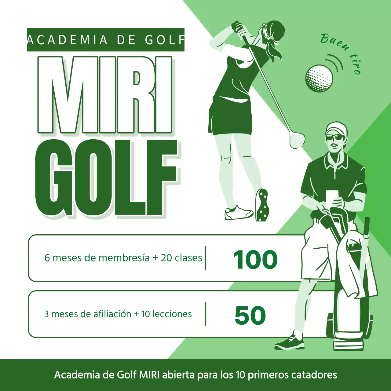 Moderno anuncio de academia de golf en blanco y verde