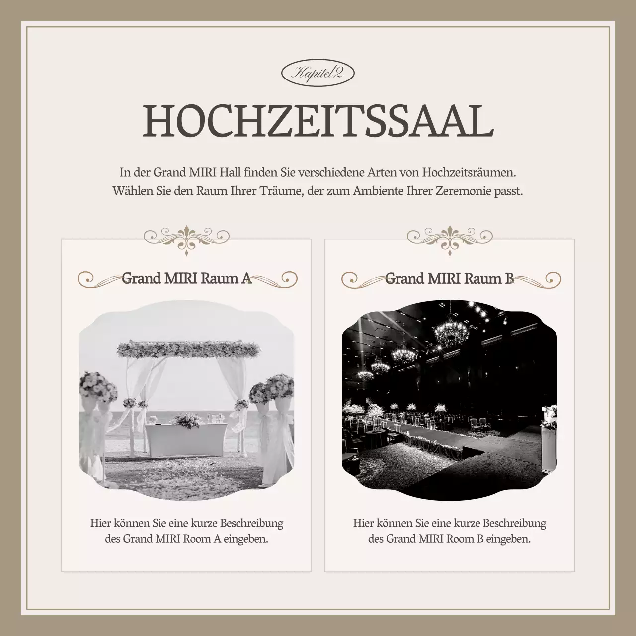 Werbung für einen schlichten Hochzeitsanbieter in Elfenbein und Beige