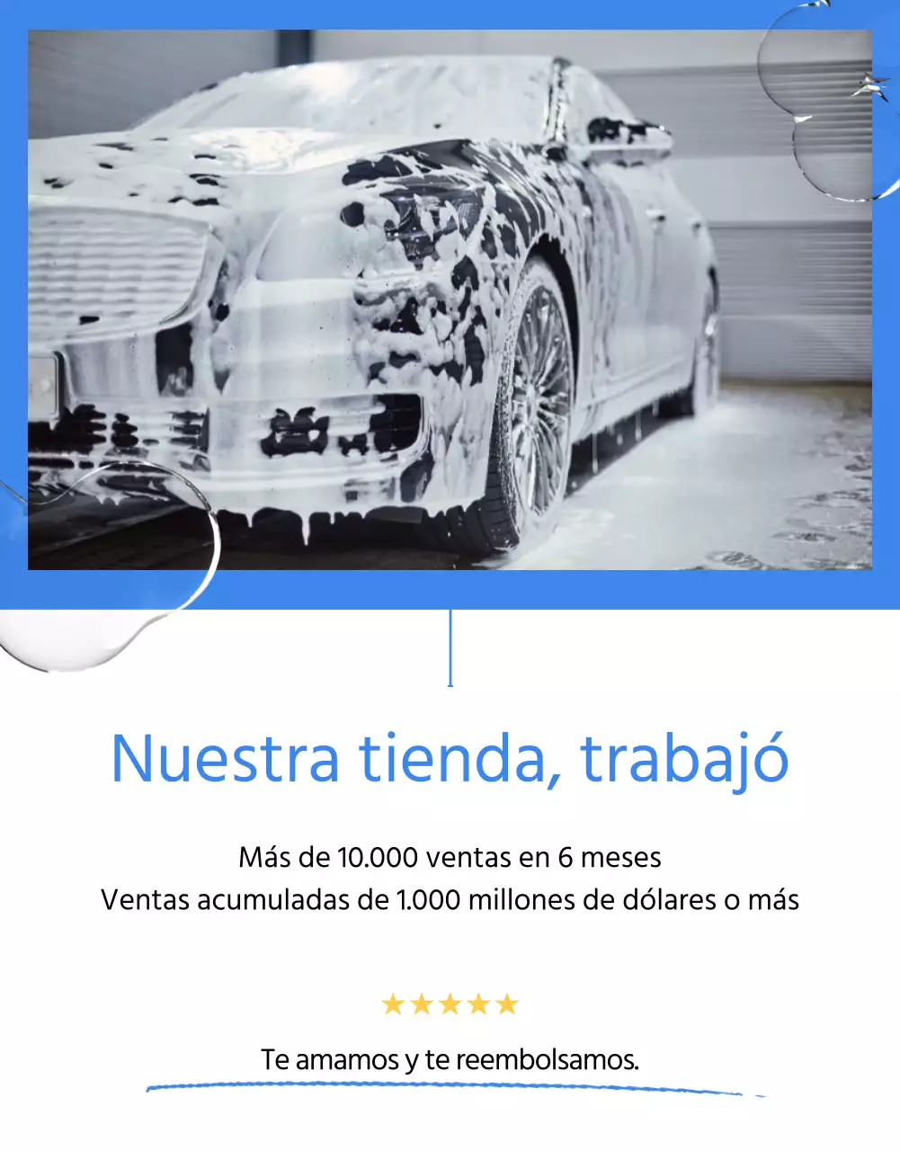 Anuncio minimalista de lavado de coches con fondo azul